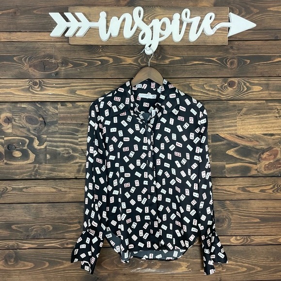 Equipment | Annelie Playing Cards Print Button Down Satin Top Playing Cards Silk - Picture 10 of 16